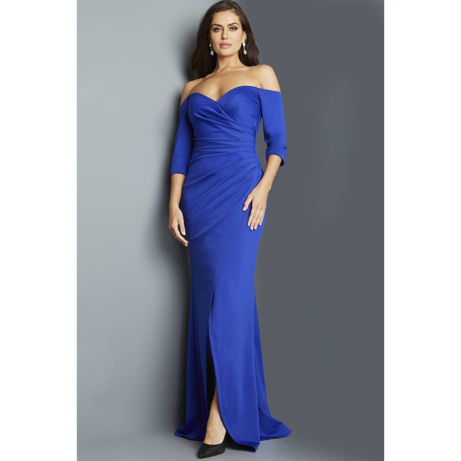 New Jovani Off The Shoulder Sheath Long Evening Gown In Royal Blue